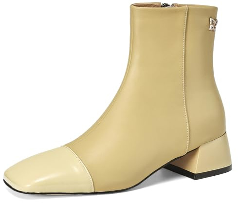 XINXINIO Botines gruesos de tacón bajo para mujer, cremallera lateral, piel de cordero suave de primera calidad, diseño elegante de punta cuadrada, zapatos cómodos para el día a día, amarillo, 45 EU