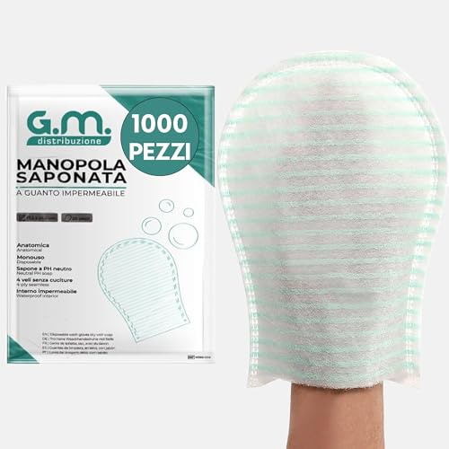 GM 1000 Manopole Saponate Monouso di Alta Qualità, Impermeabili all'interno, con Soffice Spugna Esterna, Guanti Saponati Monouso Delicatamente Profumati, Senza Risciacquo, Spugne per Anziani Monouso