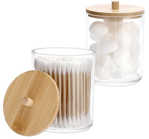 OGANAZI 2 Stück Acryl Wattestäbchen Behälter Kosmetik Organizer Rund Wattepads Box mit Bambus Deckel Klar Aufbewahrungsbox für Beauty-Ei, Haarbänder, Schmuck, Schreibwaren, Süßigkeiten, Zahnseide