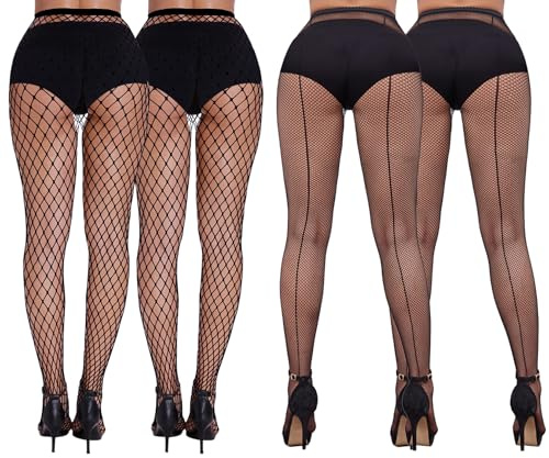 Forhandy 4 par nätstrumpbyxor med söm, svarta, fina strumpbyxor, en storlek, fisknät, strumpbyxor för kvinnor, hög midja, strumpbyxor för halloween, fest, cosplay, svart, M-L