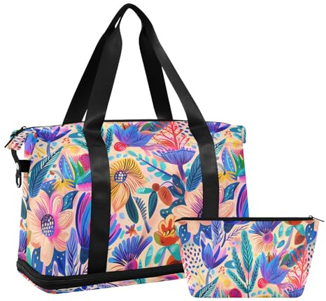 Resehand stor handbagage gymväska duffelväska med tilldragbar fälla för vikbar träning, illustration av levande blommor