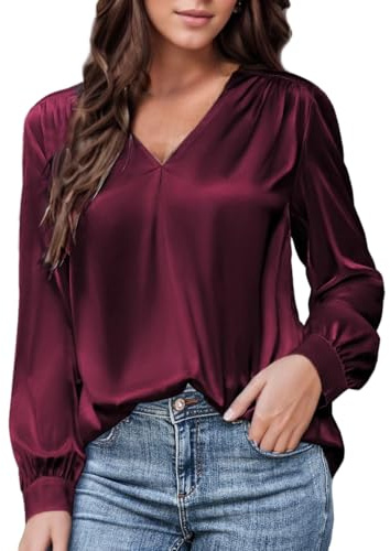 LIUYUYOUGO Women's Satin V Neck Blouse Pleated Long Sleeve Tops Dressy Casual Satin Silk Shirts Loose Fit Pullover Tunic Tops Office Work Outfits T-Shirt for Going Out Burgundy Red M