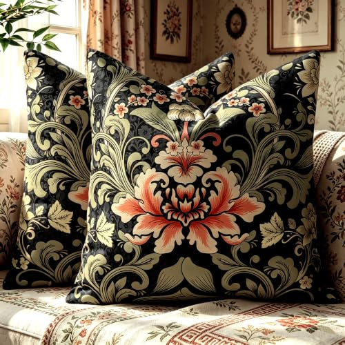 HUASHUZI Cushion Covers William Morris 45x45cm Black Red Flowers Decorations Double Sided Pattern Throw Pillow Case Set of 2 Home Decor for Sofa Bench Couch