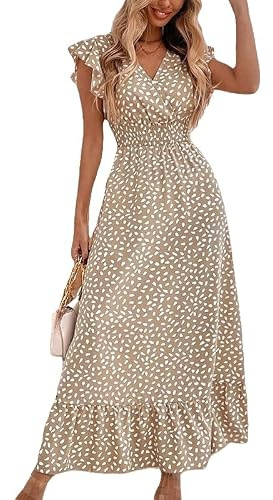 Lång sommarklänning för kvinnor, vardaglig, ärmlös, volangklänning, hög låg fåll, delad V-ringning, knytband, volangklänning, omlottklänning, strand, semester, kläder, khaki, L