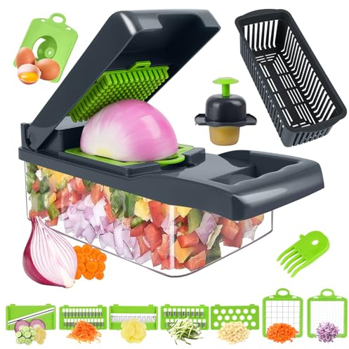 Adiwo Multifuncional Cortador de Verdura, Compacto 14-en-1 Cortador Pelador de Verduras con Accesorios, Rallador y Laminador de Frutas y Hortalizas Gadgets Cocina