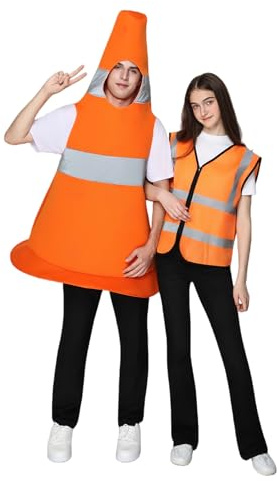 EraSpooky Costume de cône de circulation unisexe pour adulte combinaison de cône de construction orange gilet de sécurité réfléchissant 2 pièces Costume d'halloween pour couples ensemble taille unique