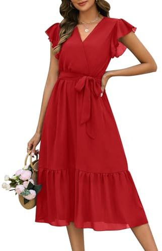 Fashora Robe Longue Femme Été Chic et Elegant Col en V Robes Fluide Taille Haute Décontractée Boheme Robe de Plage à Manches à Volants A-Line Casual Robes D'été (Rouge, XL)