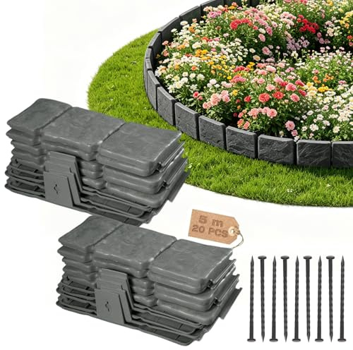 Borde para césped de plástico, borde de arriates, plástico, borde de flores, borde de arriates, borde de césped, valla de jardín, bordes flexibles, aspecto de piedra, 5 m de altura (altura: 10 cm)