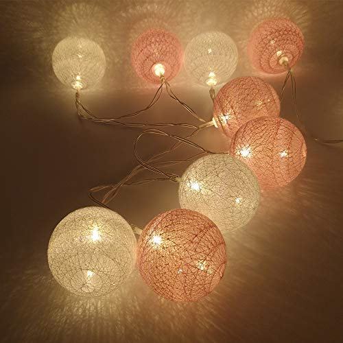 Sfere luminose Cotone Sfere di Cotone 10pcs, DOTBUY Romantico LED Batteria Ghirlanda Palla Catena di Luci per Cameretta dei Bambini, Natale Halloween (Rosa,1.8M/10LED)