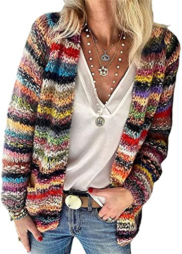 FeMereina Women´s Rainbow Striped Long Sleeve Open Front Knit Cardigan Casual Pullover Sweater Y2K Streetwear (Red, XX-Large)