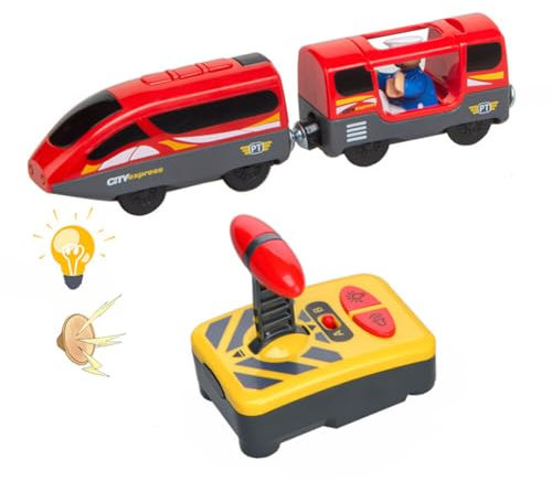 Uposao Train Électrique Télécommandé pour Enfant - Locomotive à Piles avec Lumière, Musique et Connexion Magnétique - Compatible avec Piste en Bois
