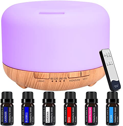 Diffusore Con 6 * 10 Ml Di Olio Essenziale Puro, e Aromi Da 450ml, Umidificatore Diffusore Per Aromaterapia Con Modalità Nebbia Regolabile e Led a 7 Colori