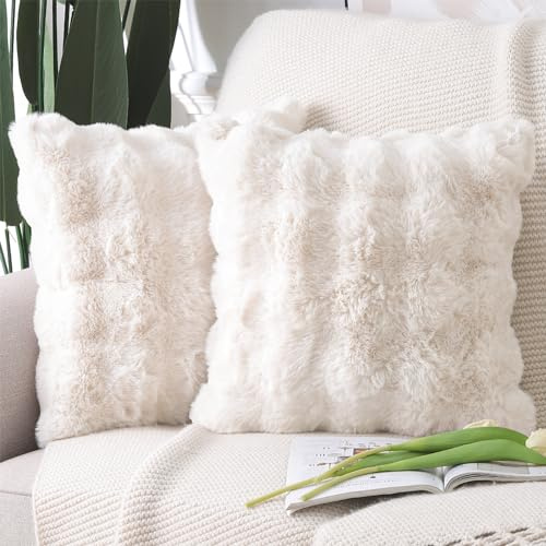 MADIZZ Set med 2 tjocka kuddfodral i plysch ull Mjukt dekorativt kuddfodral för soffa sovrum Kuddskal 40 x 40 cm Gräddvit