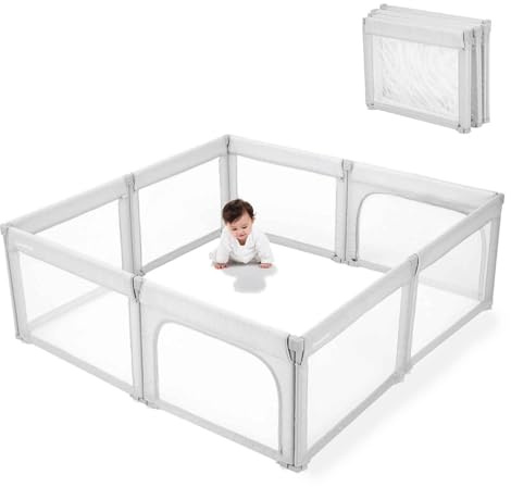 Baby Playpen, Toddler Safety Gate Foldable Play Pen Easy Assembly, Large Size&Shape Adjustable Baby Barrier, Extra-Large Indoor Playpen for Kids Foldable Baby Play Yard 150x180cm, Light Grey
