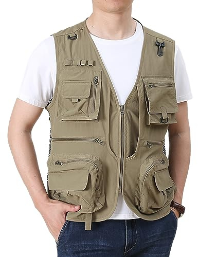 Cicilin Gilet da pesca da uomo con tasche multiple estivo in rete per attività all'aperto, fotografia, viaggi, escursionismo, cachi, XS