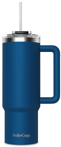 SoleCup. 30oz Travel Mug with Handle, Lid and Two Straws, Drinks Stay Hot for 8 Hours and Cold for 24 Hours - Double Wall Stainless Steel Vacuum Insulated Tumbler (Navy Blue, 30oz)