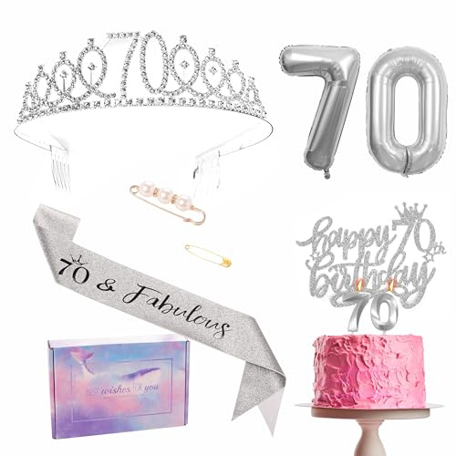 Set di decorazioni per compleanno da donna, 70°, nastro e tiara, nastro per feste, corona, decorazione per torta di compleanno, numero 70, palloncini in pellicola, candele, regali per il 70°