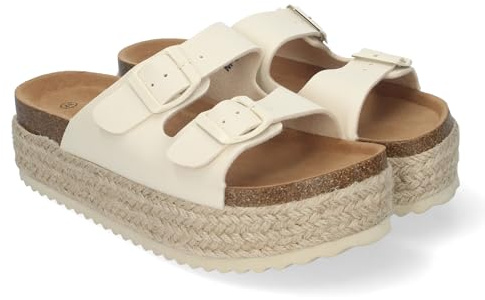 shoes&blues.es 84735 Sandalia de Plataforma para Mujer, Comodas y Elegantes, Forradas de Yute, con Planta Anatomica, y Hebillas en la Pala, Ideales para Primavera Verano Beige Talla 38