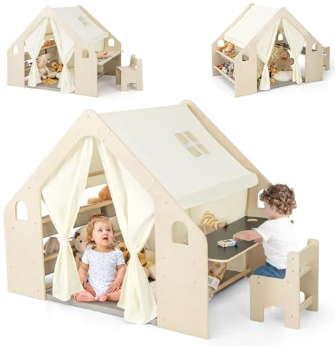 RELAX4LIFE 6 in 1 Tenda per Bambini con Casetta in Legno, Tavolino, Seida, Lavagna, 6 Scatole Portaghiochi, Tapettino Rimovibile, Per Cameretta, Asilo