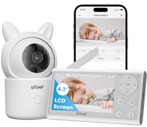 ieGeek Camara Vigilancia Bebe 360º Type-C 1080P Vigilabebes con Camara, 4,3 3000mAh Pantalla LCD, App Remoto, 4X, Voz Dual, Seguimiento Automático, Detección Movimiento y Ruido, Mascotas, Ancianos