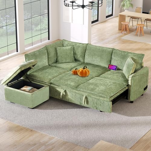 ERYE 82.5-Inch Left Facing Corner Sleeper Sectional Sofa Bed for Living Room Office,L-Shaped Chenille Upholstered Convertible Pull Out Sleeper Couch Bed W/Storage Ottoman