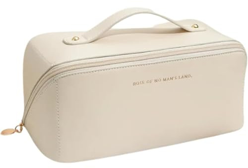 HealthyMoov Trousse de Toilette Pochette Organisateur Maquillage cosmétiques parfums Vanity Case Sac de Voyage Accessoire beauté Rangement Salle de Bains Simili Cuir PU étanche Waterproof Crème Beige