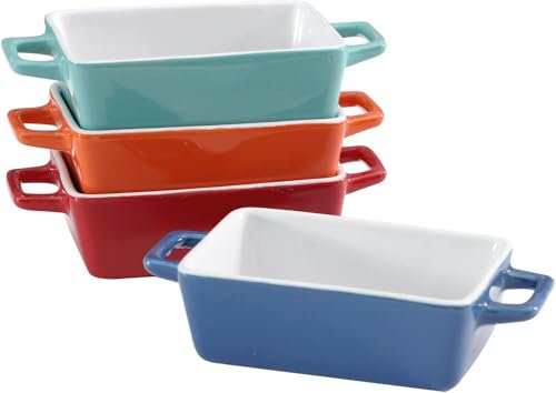 Vencier 4-Piece Mini Stoneware Baking Dish Set - Versatile Oven-to-Table Cookware for Lasagna, Pies, Casseroles, Tapa (Red, Blue, Orange, Green, Rectangle)