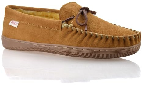 Mens Leather Sheepskin Warm Fur Lined Memory Foam Slippers Moccasin Shoes[UK10 /US11, Tan]