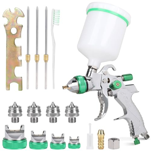 DBREAKS HVLP Pistola de pintura 1,4/1,7/2,0/2,5 mm | Pistola de aire con taza de 600 ml + 4 juegos de boquillas | Pistola de pintura para coche, muebles, bricolaje (verde)