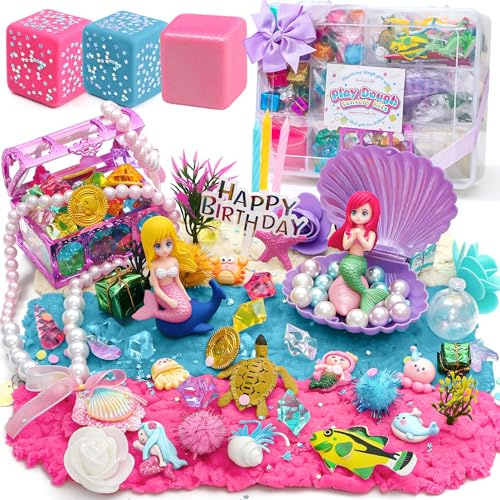Golray Mermaid Sensory Dough Kit - Play Dough Set with 3 Packs of Playdough, 2 Mermaid Figures, Marine Animals & Plants Toys and Decorative Accessories, Sensory Toys Gifts for Kids & Toddlers