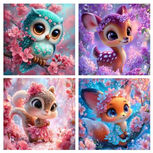 4er Set Diamond Painting Kinder Tiere – DIY Strassbilder Bastelset mit Süßer Eule, Fuchs, Eichhörnchen & Rehkitz – Malerei mit Diamanten Komplettset – Kreatives Basteln Mädchen & Jungen Geschenk