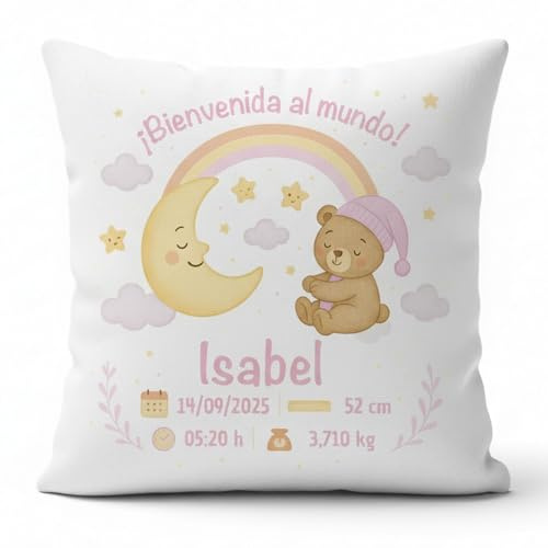 Cuscino nascita personalizzato con nome | Cuscino personalizzato Baby ideale come regalo neonato | Cuscino personalizzato con design unico e tenero (Rosa)