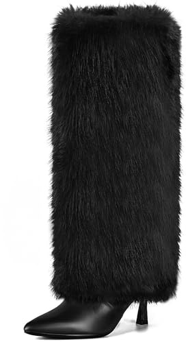 QLR Womens 3.3-inch Kitten Heel Knee High Fur Boots Furry Fuzzy Fluffy Pointed Toe Boots for Women Tall Wide Calf Fall Winter Snow Fold Over Boot with Side Zipper
