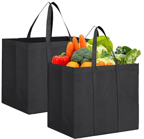 Brilovent 2 Pcs Black Reusable Shopping Bags, Foldable Grocery Tote Bags Shopping Bag, Washable Lightweight Reinforced Bag with Handle-Hold Extra Large & Durable for Daily Life, Picnic, Camping
