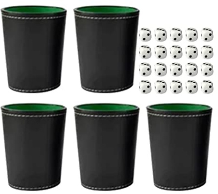 NOENNULL 5 Pack PU Leather Dice Cup Set with 20 Dotted Dice, Felt Lined, Quiet Shaker Bar Parties, Family Games