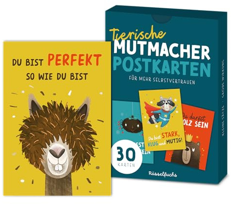Rüsselfuchs Positive Sprüche Tiermotive - Affirmationskarten - 30 Stück Tierische Mutmacher-Karten - 15 Motive, jedes Motiv doppelt - Affirmationen Postkarten - DIN A6