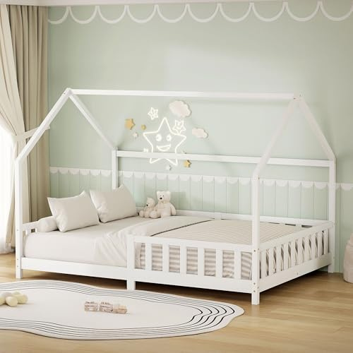 ML-Design Barnsäng 140x200 cm med fallskydd Montessori hussäng och ribbotten i massivt furu Vit stabil säker låg säng för barnrum flickor pojkar trä sängram med tak ungdomssäng dubbelsäng