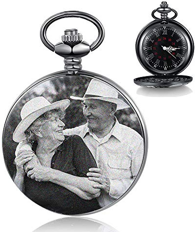 jewel Orologio Tasca Personalizzato con Foto e Testo Incisione Orologio da Tasca Vintage Liscio Orologio Classico per Uomo Donna Regalo per Compleanno Anniversario Festa del papà (Nero)