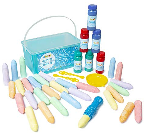 abeec 40 Piece Bubble and Chalk Set Including: Jumbo Chalk, Bubble Solution, Bubble Wands - Outdoor Toys For Kids - Big Chalk For Kids Outside & Bubbles For Kids Party Bags - Messy Play For Toddlers
