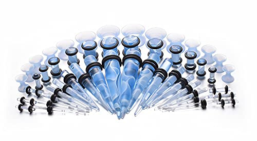 vogem 50Pcs Ear Stretching Kit Acrylic 14G-00G Ear Taper kit and Silicone Tunnel Marble Pattern Gauges Taper Ear Piercing Kit Piercing Set Body Jewelry (Light Blue)