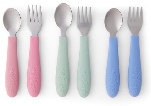 Elk and Friends Kids Silverware with Silicone Handle | Childrens Safe Flatware | Toddler Utensils | Baby Spoons + Forks | Stainless Steel Cutlery | Dishwasher Safe | 6 Pieces