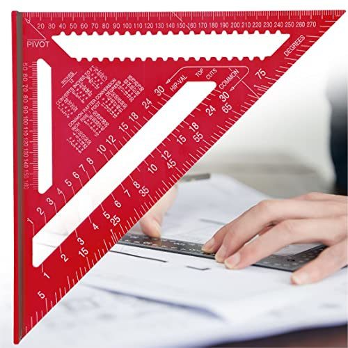 MAJOYLIFE 12 Zoll Zimmermannswinkel Metrisch,Winkelmesser Aluminium,Dreieck Lineal Messwerkzeug für Ingenieur, Designer,Schreiner (Rot)