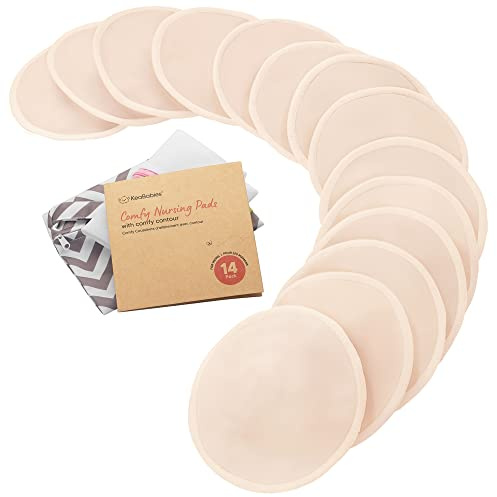 Organic Bamboo Nursing Breast Pads - 14 Washable Pads + Wash Bag - Breastfeeding Nipple Pad for Maternity - Reusable Nipplecovers for Breast Feeding (Bare Beige, Large 12cm)