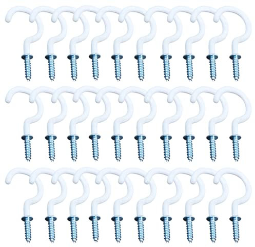 Xiaozhenjida 30 Pcs 1 inch White Screw-in Cup Hooks - Vinyl Coated Screw Hooks for Hanging Plants