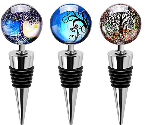 Soleebee 3 Pack Decorative Wine Stoppers, Wine Bottle Stopper with Beautiful Art Glass, Reusable Beverage Bottle Stoppers for Bar, Gifts, Holiday Party, Kitchen Decor (Tree of Life)
