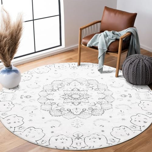 Carvapet Teppich Rund 120cm Weich und Flauschig Teppich Gegend Kreis rutschfest Waschbar Blumendrucke Bodenteppich Wohnzimmer Schlafzimmer(Grau)