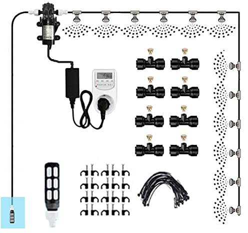 Nebulizzatore Giardino da Esterno con Pompa silenziosa 24v & timer, Kit di nebulizzazione con filtro, Sisteme di Raffreddamento for Patio, Sisteme Irrigazione Giardi(Size:30m/98.4fttube + 45 nozzles)