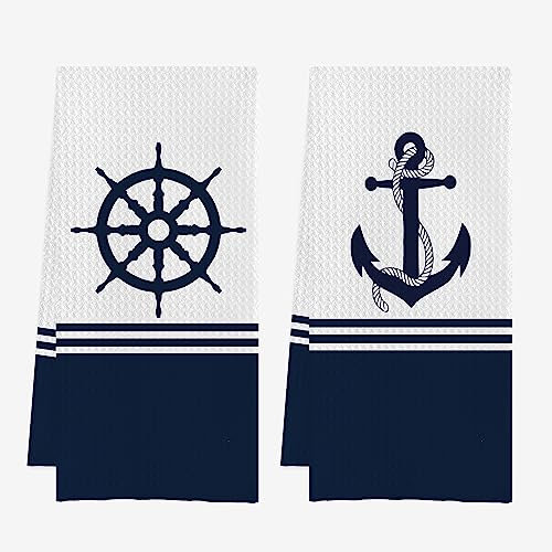 IWXYI Nautical Anchor Waffle Weave Bath/Beach Towels, Boat & Dish Towels 1624 Inches - Set of 2