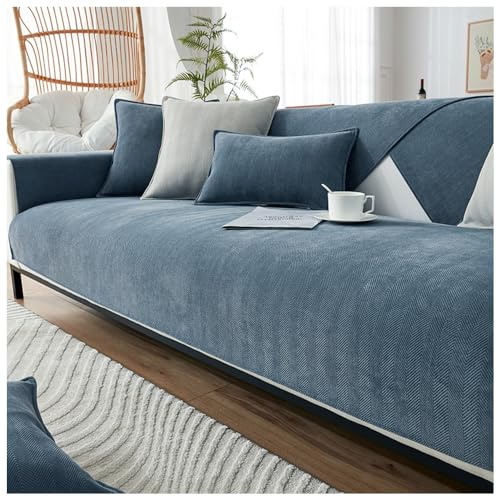 NUODWELL Herringbone Chenille Sofa Cover 1/2/3/4 Seater, Furniture Protector Couch Cover Universal Non-Slip L Shape Couch Cover Quilted Corner Slipcovers for Living Room (Grey Blue, 110 * 240cm)