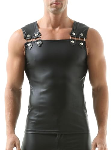 YUFEIDA Mens Sleeveless Undershirts Musclar Tanks Strappy Shoulder Tops Faux Leather Undershirts